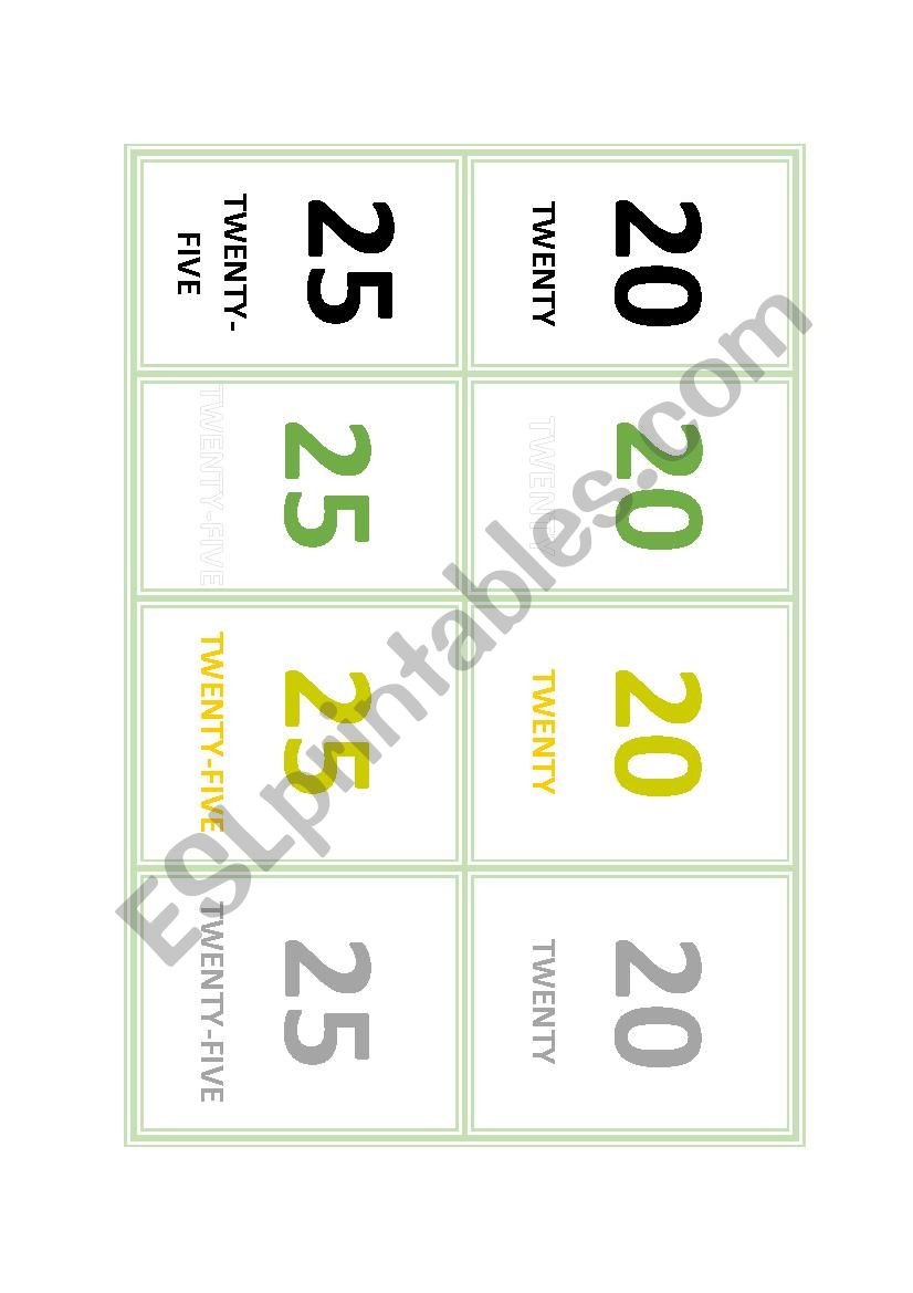 20-100 number flashcards worksheet