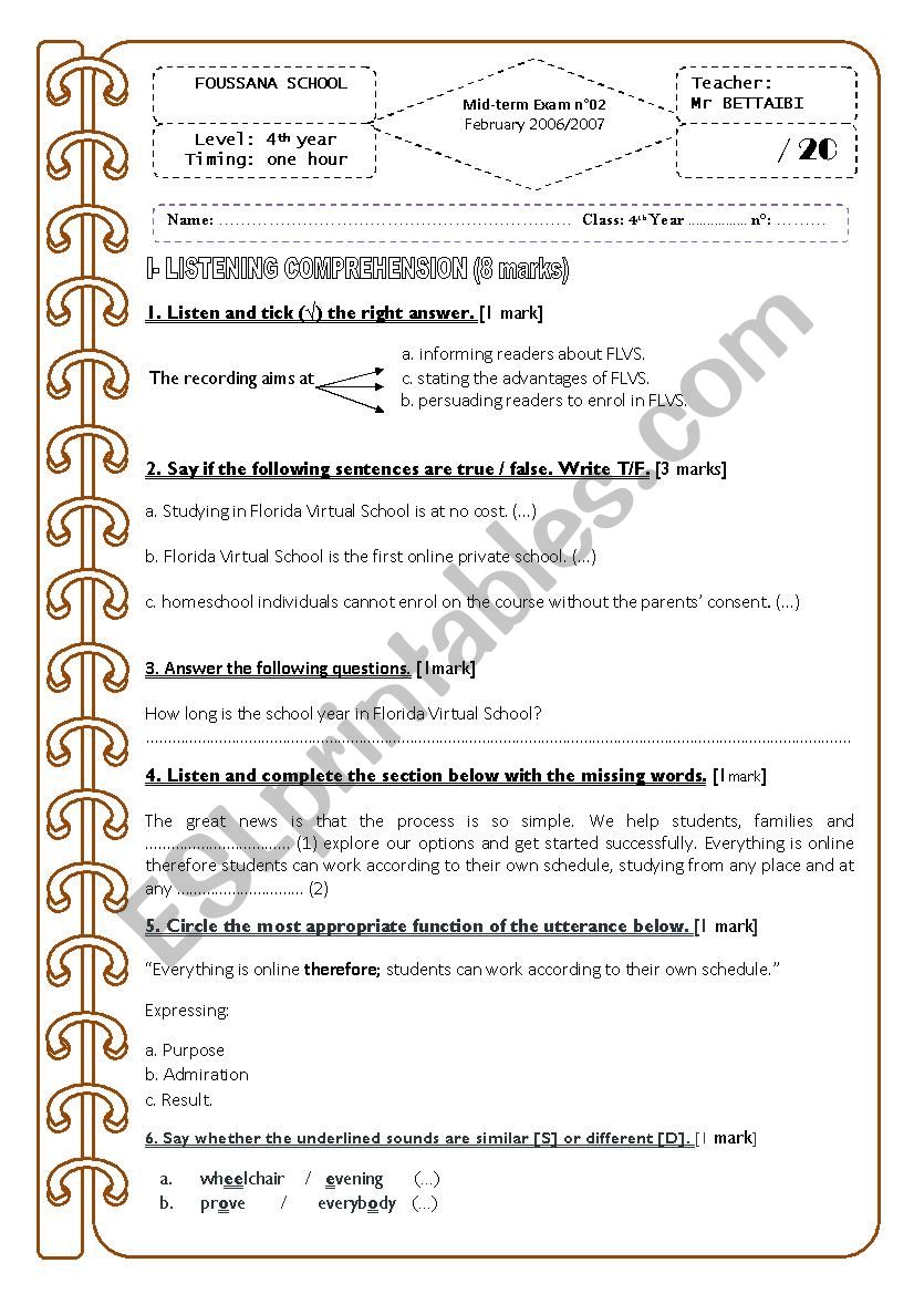 Mid-term Exam n02 4th year   worksheet