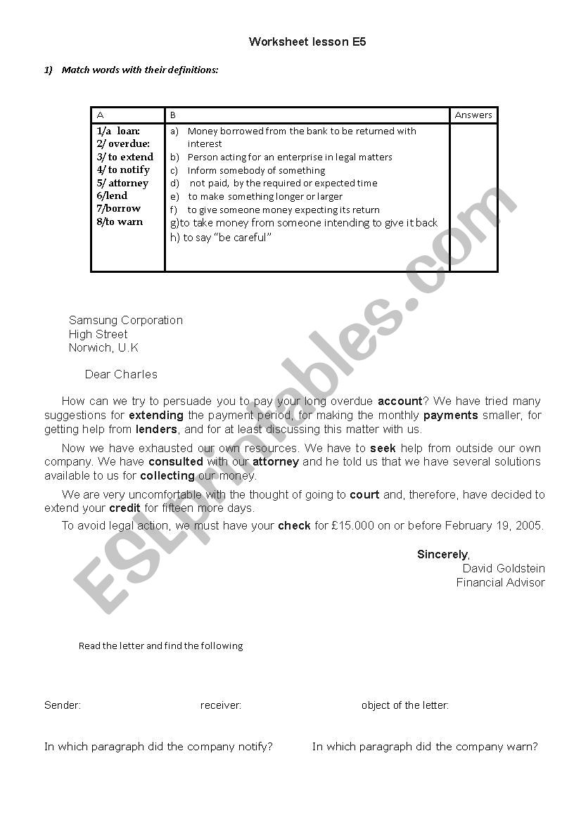letter of warning and a reply worksheet