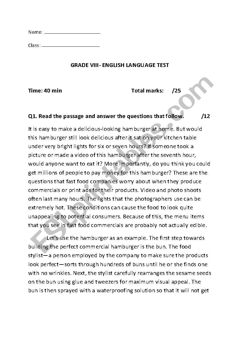 english language test grade 8 worksheet