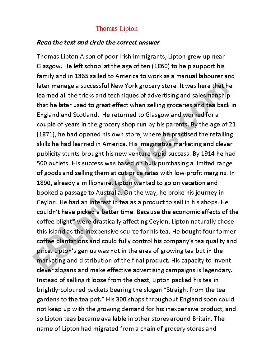 Thomas Lipton (reading) worksheet