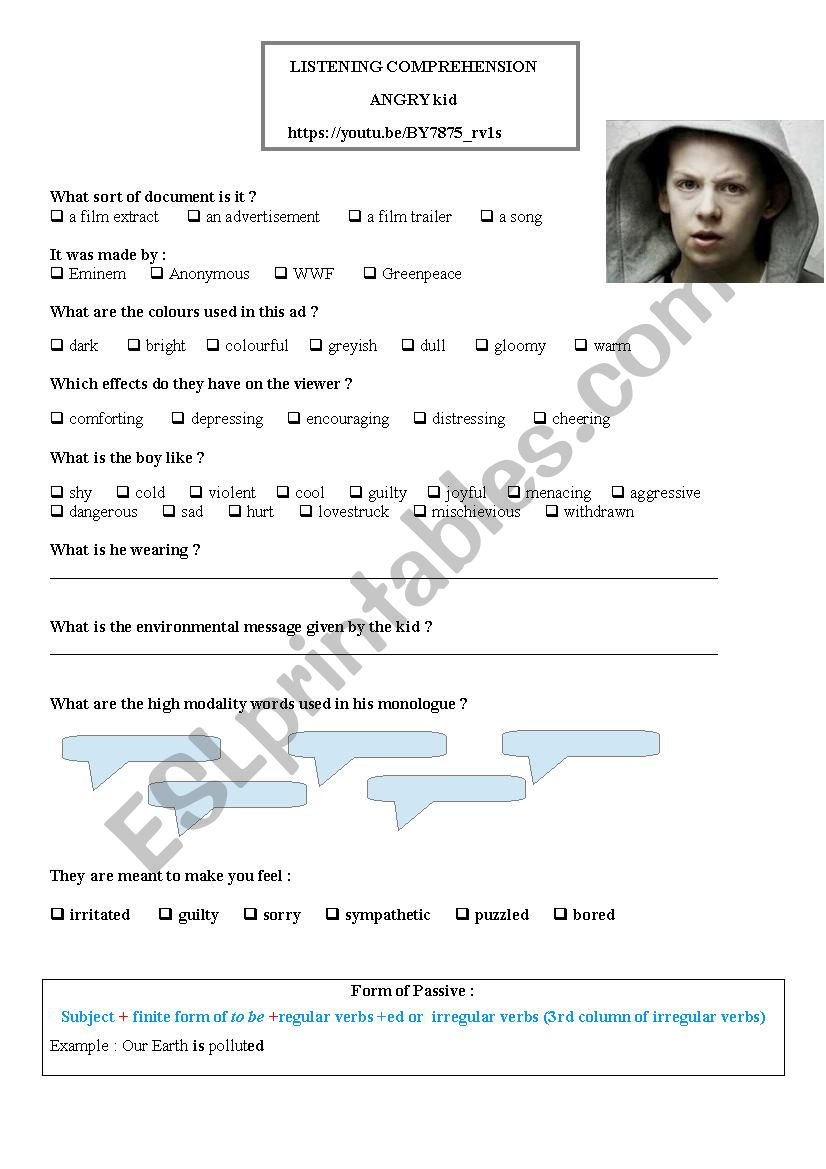 angry kid Greenpeace worksheet