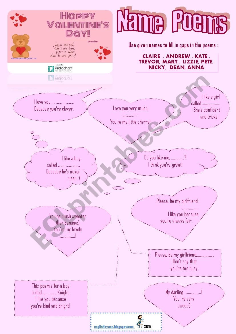 Valentines Poems with Names worksheet