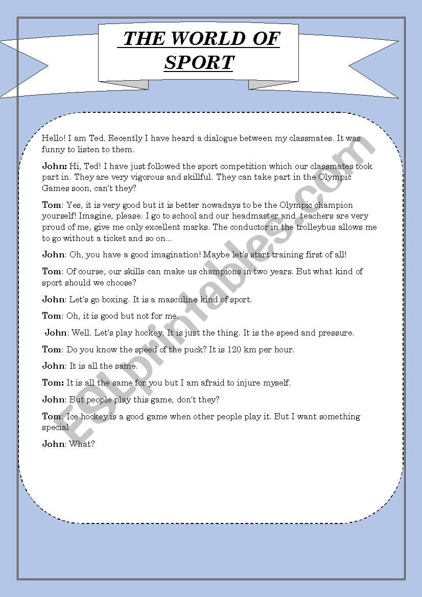 The world of sport worksheet