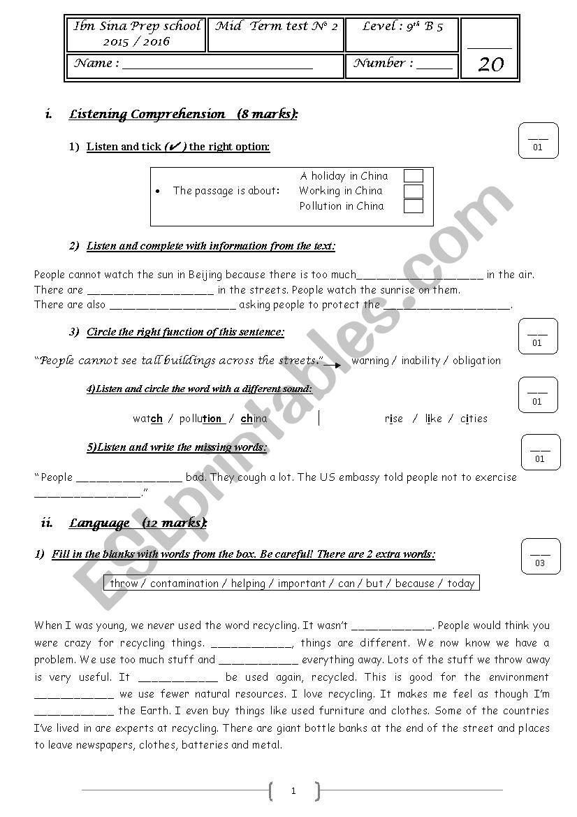 partial test N2 for 9th formers