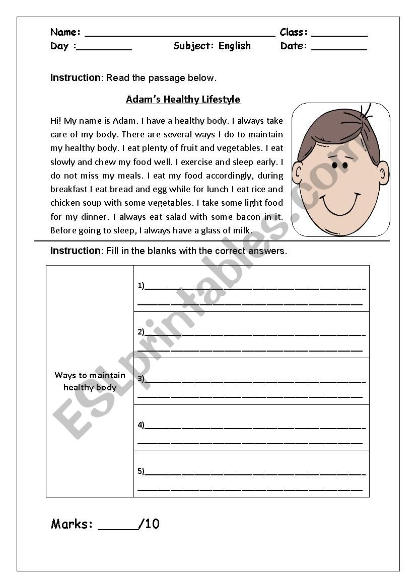 Reading - Healthy Lifestyle worksheet