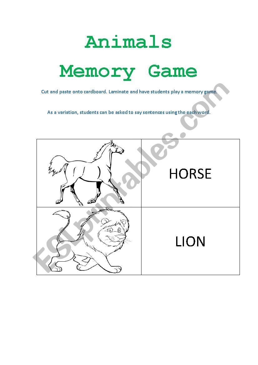 Animals Memory Game worksheet