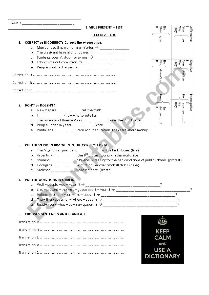 Present Simple test worksheet