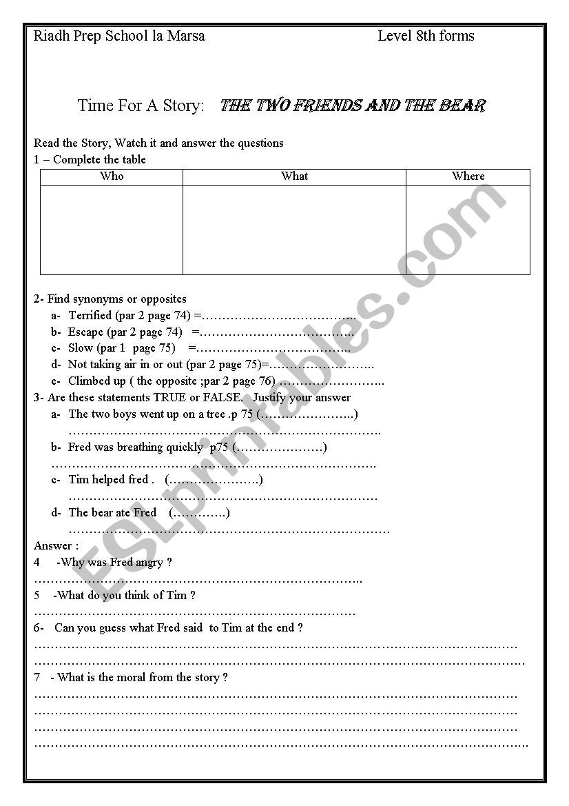 Time for a story  worksheet