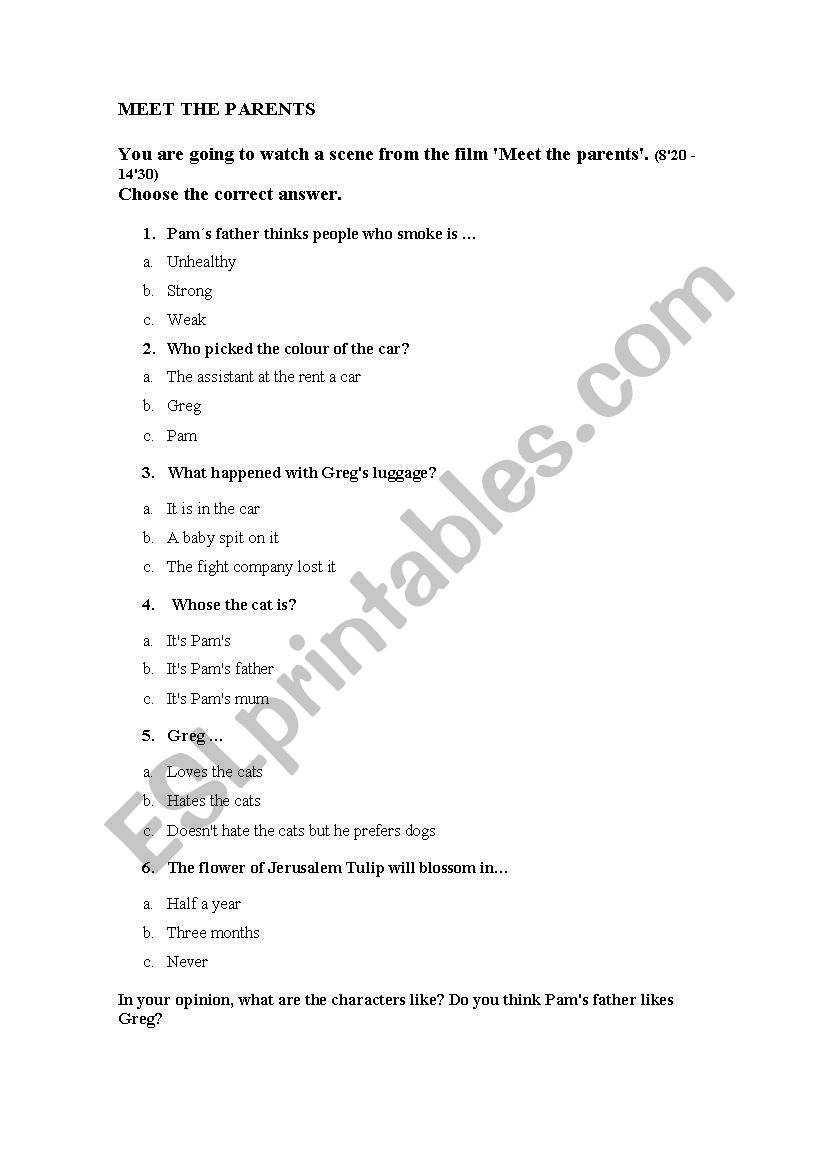 Meet the parents Film worksheet