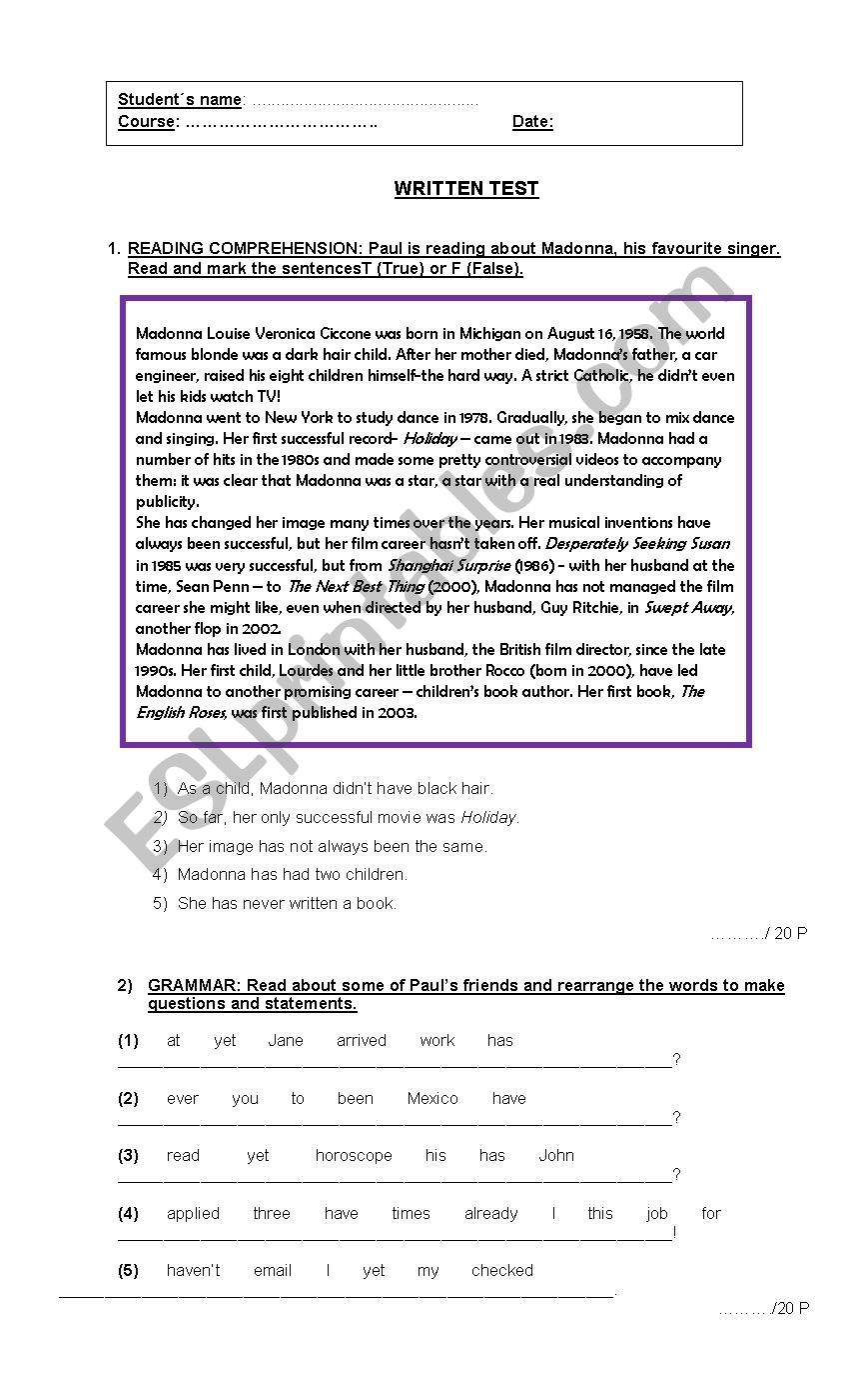 Test on Present Perfect and Past Simple