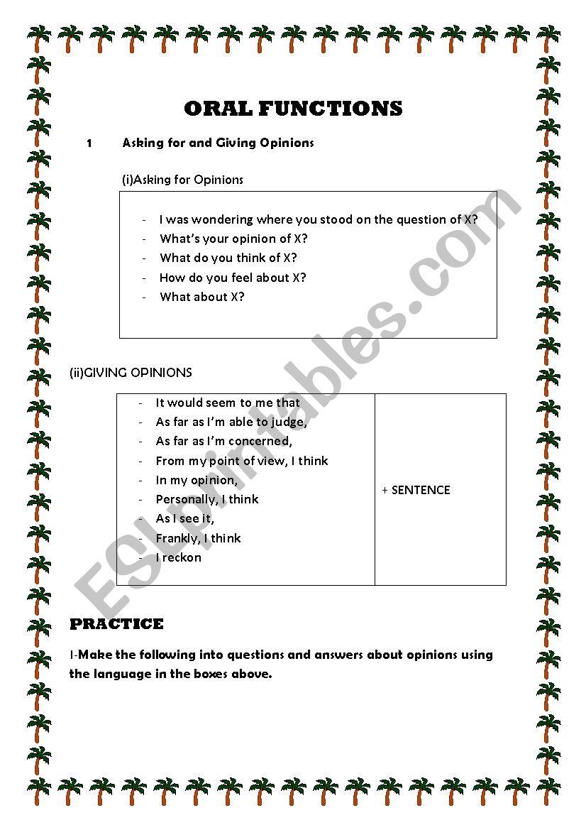 Oral functions worksheet