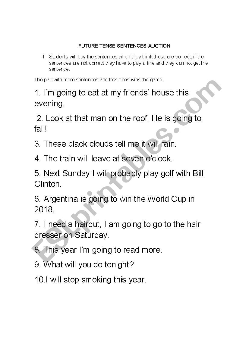 future tense auction  worksheet