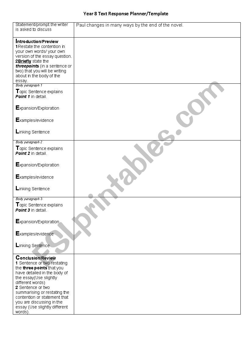 Text Response Planner worksheet