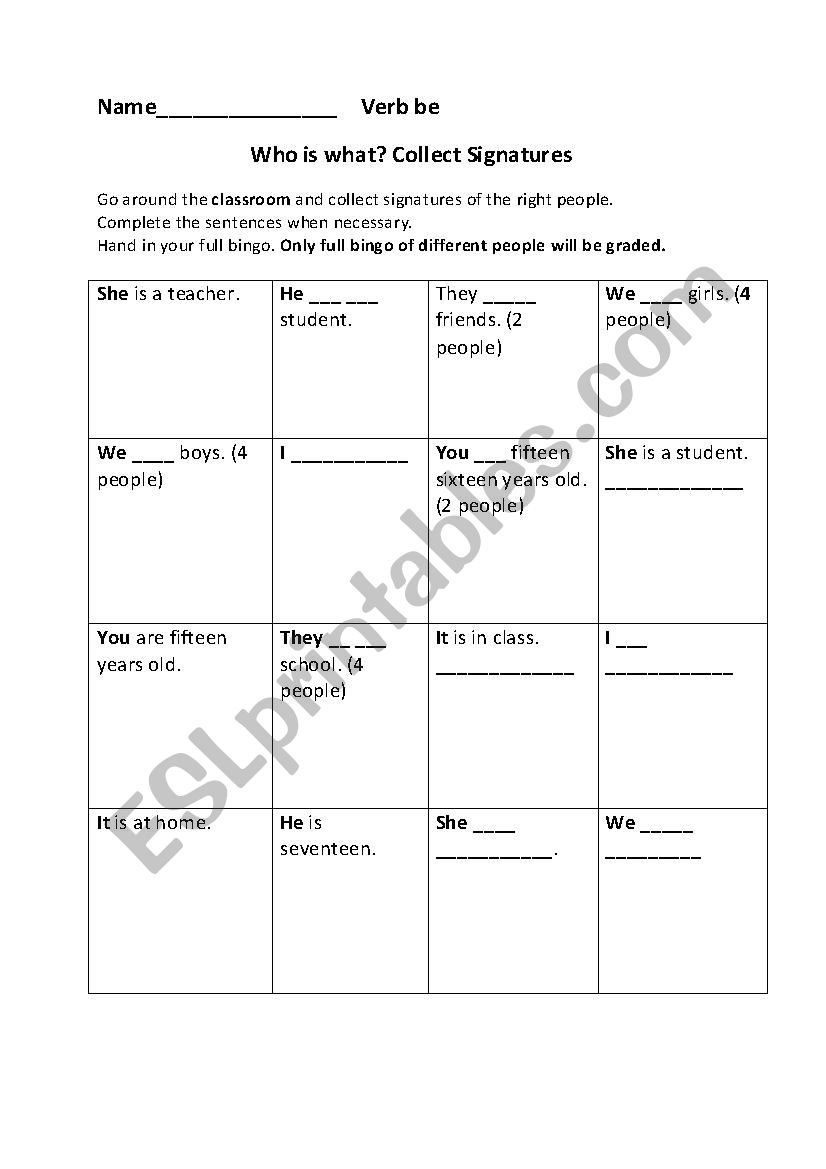 Verb be - Bingo worksheet