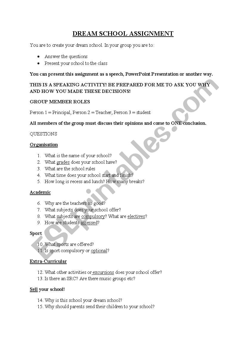 Dream School Assignment worksheet