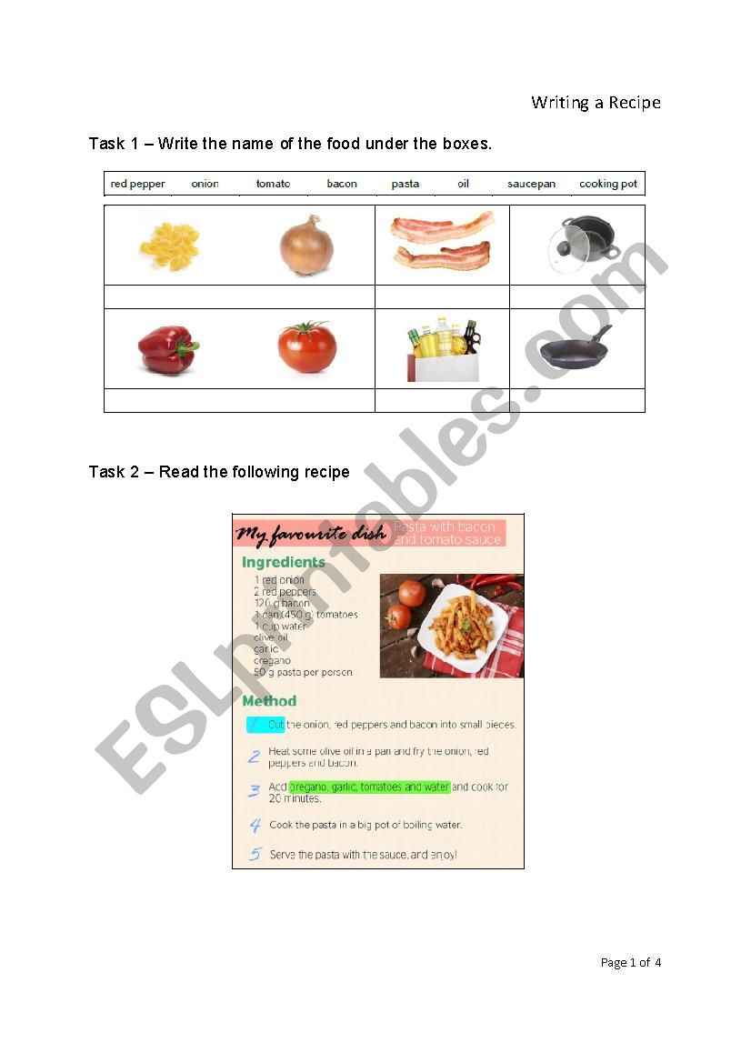 Write a Recipe worksheet