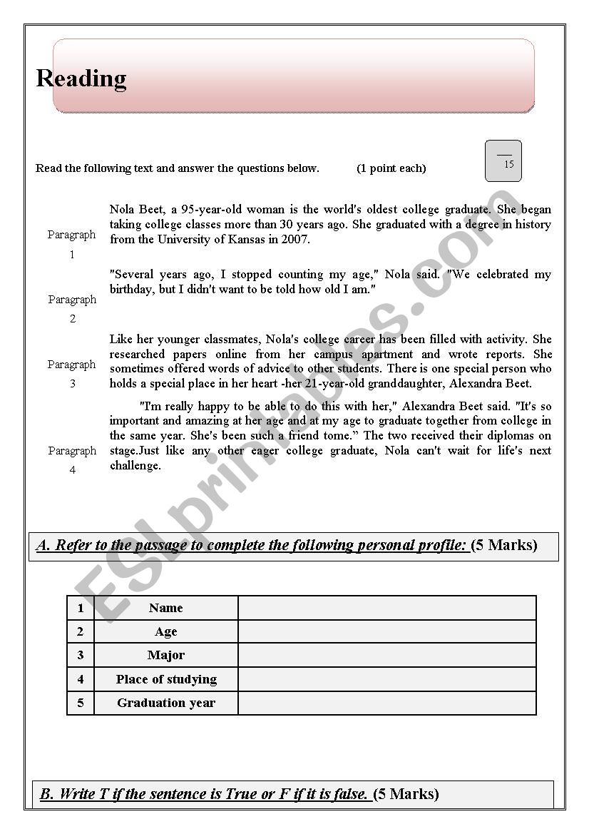 Reading Text worksheet