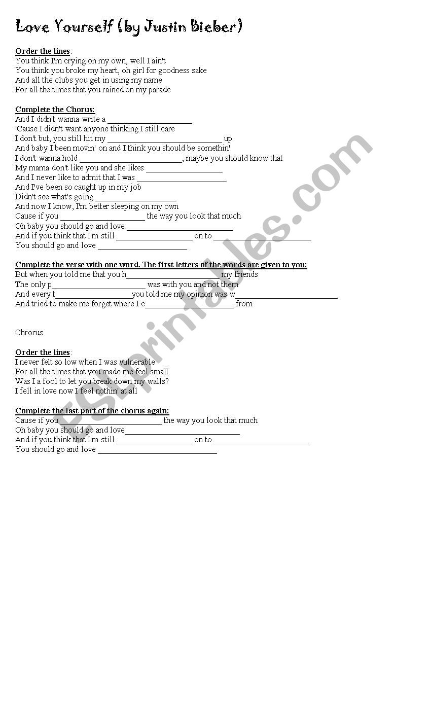 Song: Love yourself worksheet