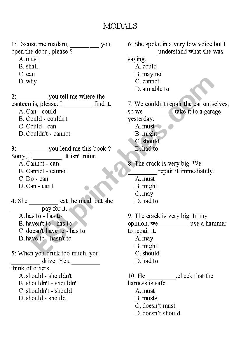 Modals Quiz worksheet