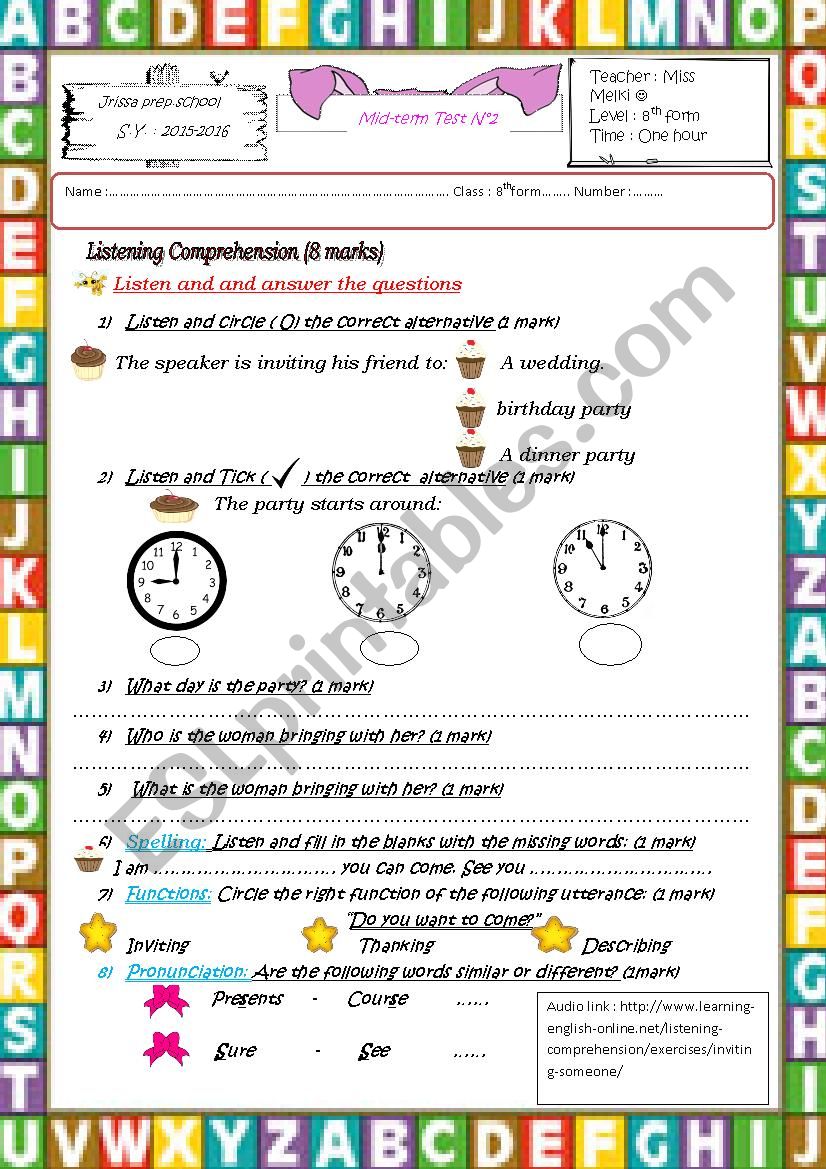 8th form mid term test worksheet