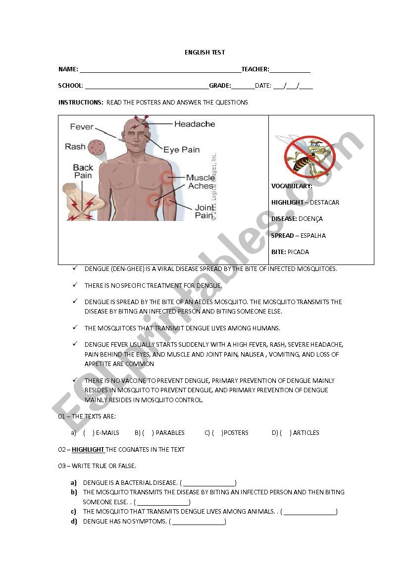 English test - Dengue Fever worksheet