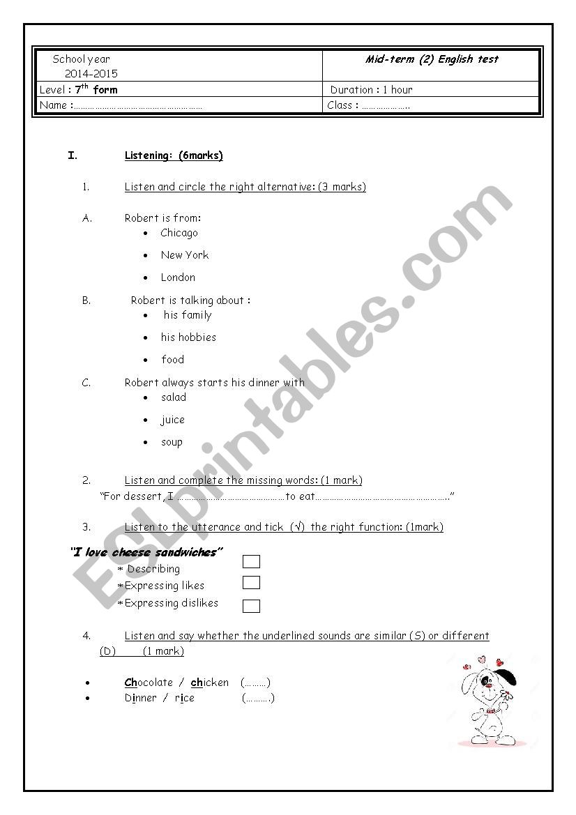 7th form English Test worksheet