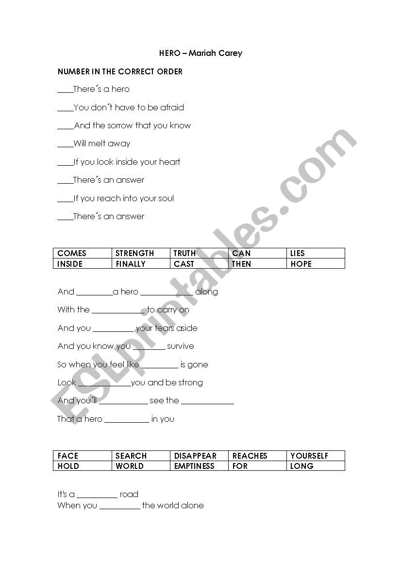 SONG HERO MARIAH CAREY worksheet