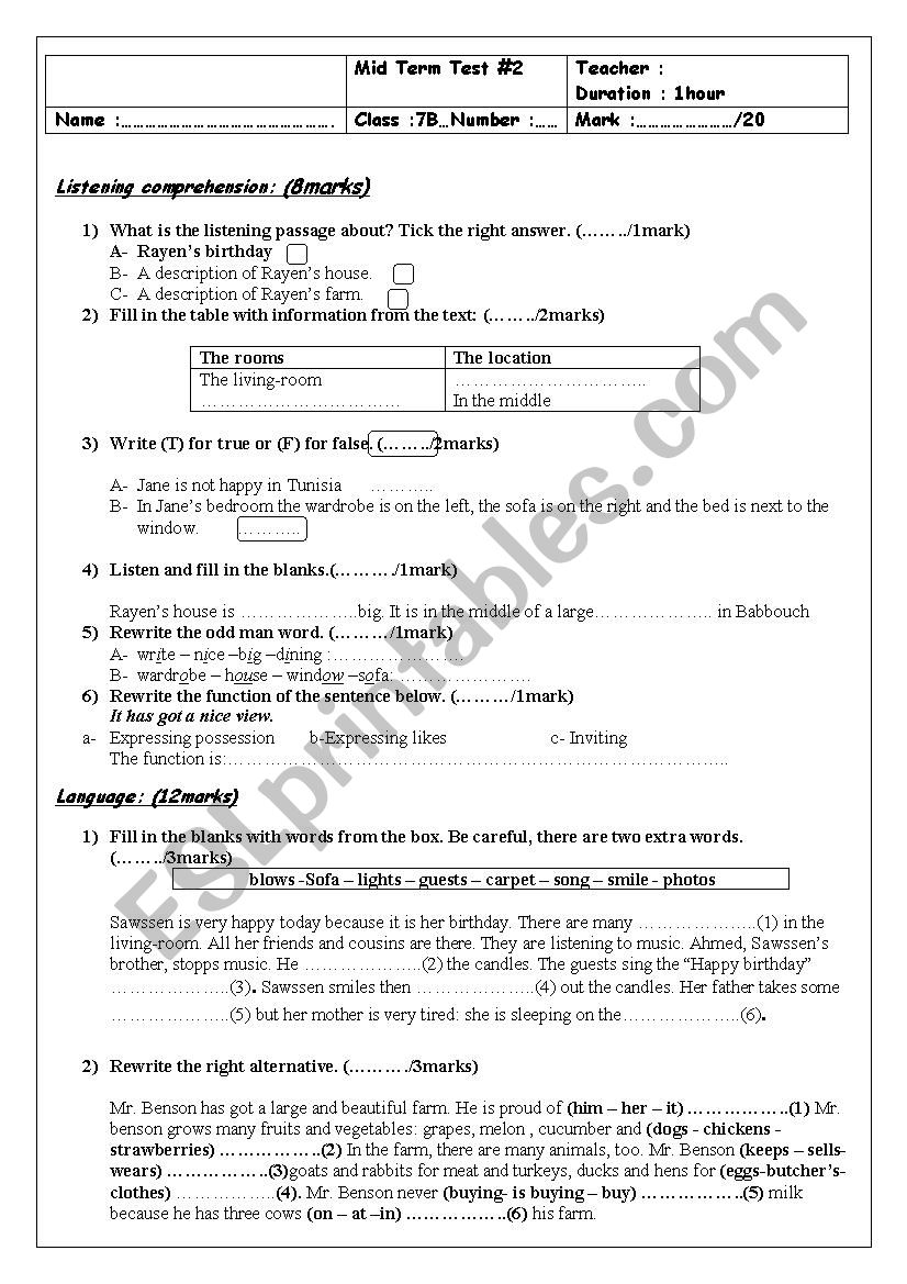 7th form mid term test worksheet