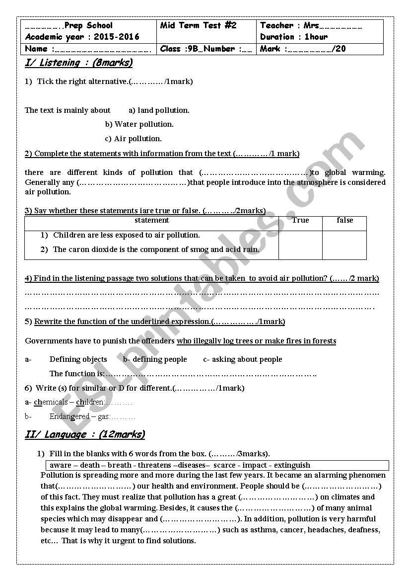 9th form test worksheet