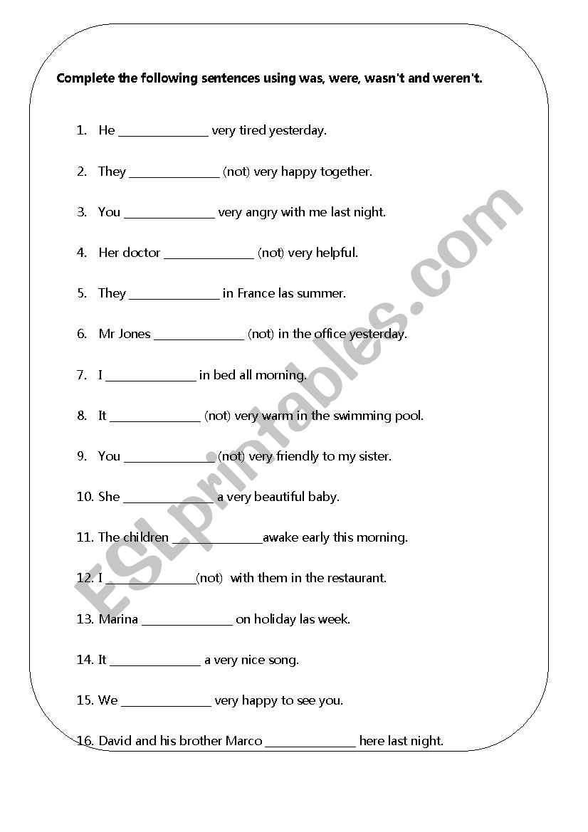 Was and Were worksheet