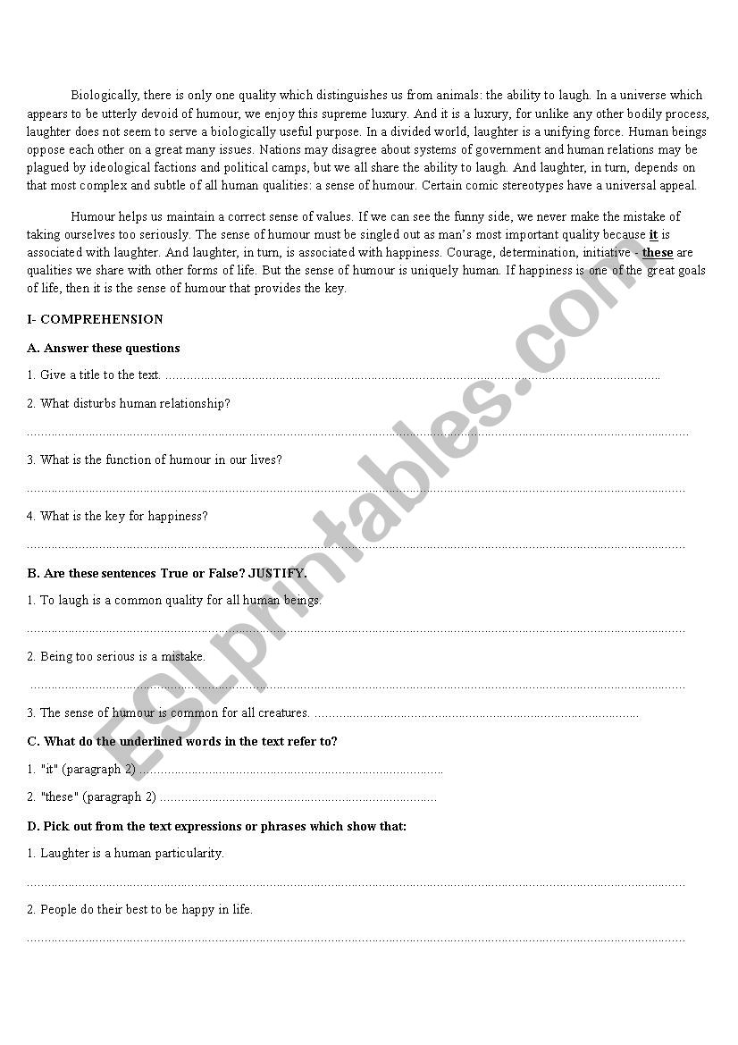 Humour worksheet