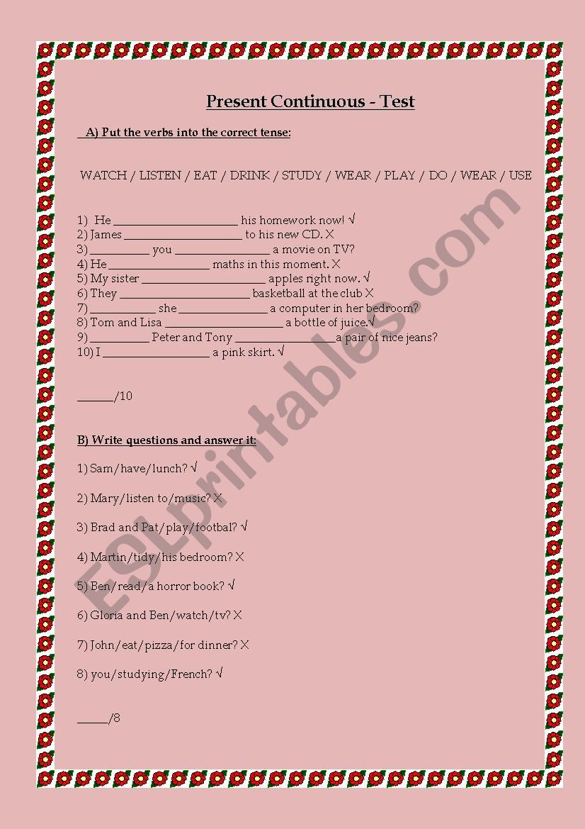 Present Continuous Test worksheet