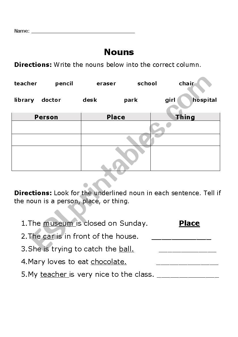 Worksheet nouns worksheet
