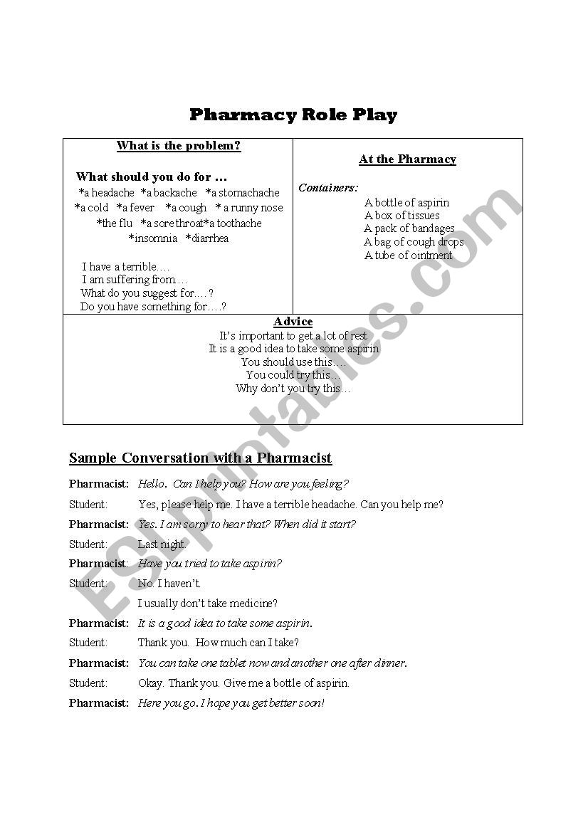 Pharmacy Role Play worksheet