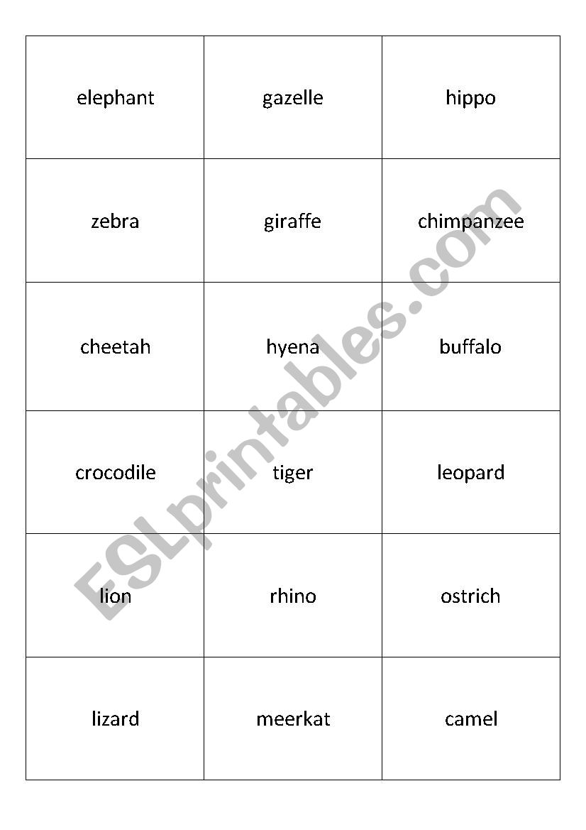 memory african animals worksheet