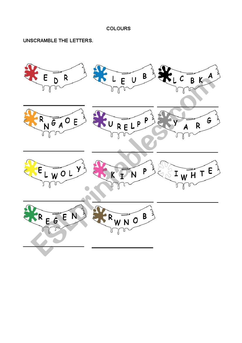 Colours. Unscramble the letters.