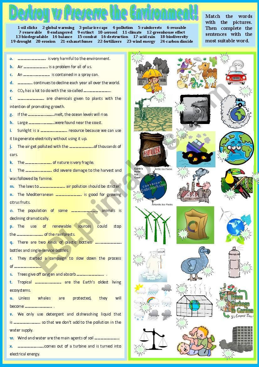 Destroy vs Preserve the Environment.  Pictionary + matching ex + KEY