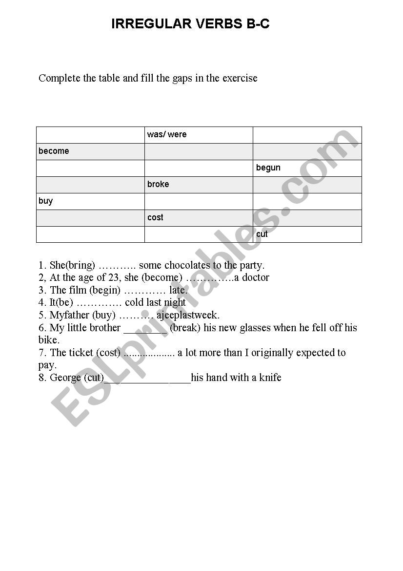 Irregular verbs  worksheet