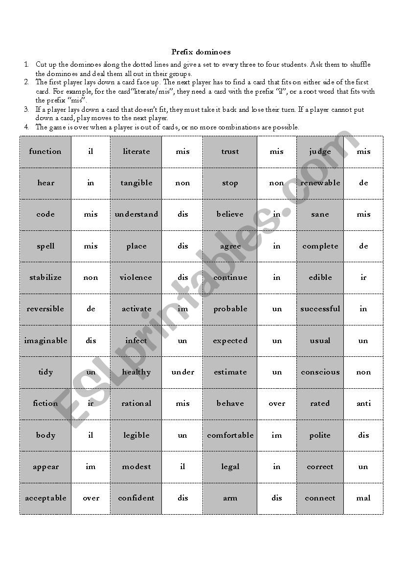 Prefix dominoes worksheet