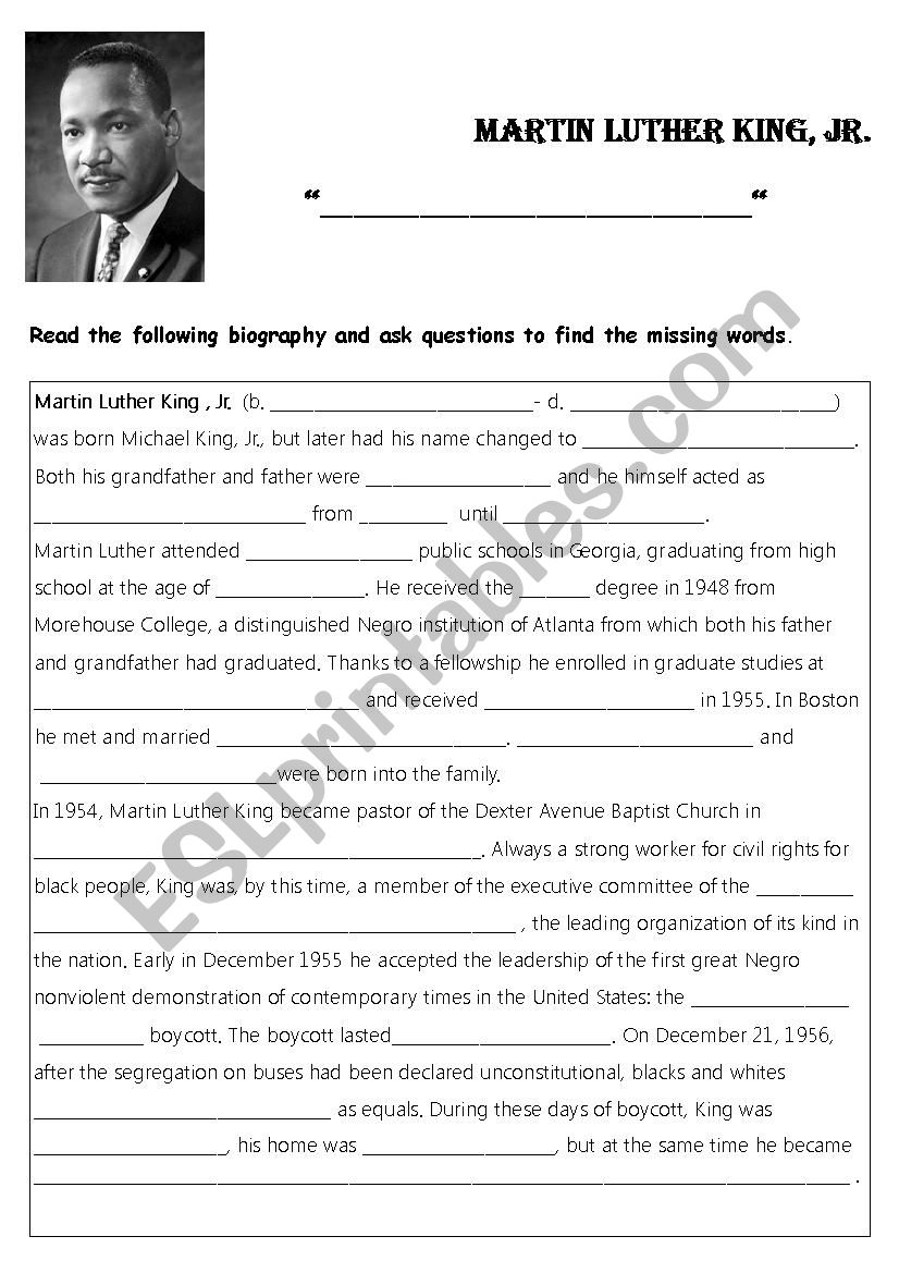 martin luther king biography worksheet