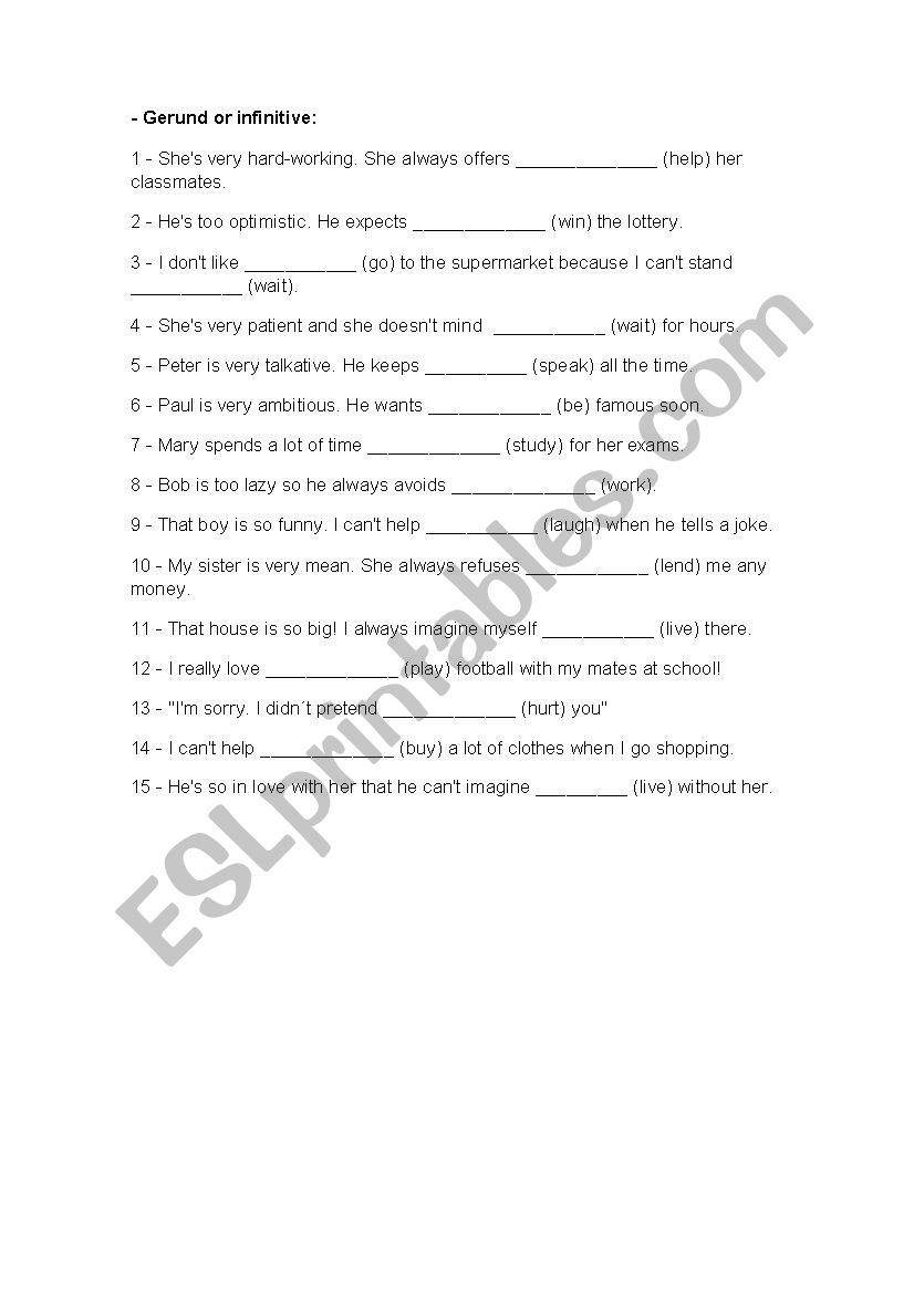 Gerund or infinitive worksheet