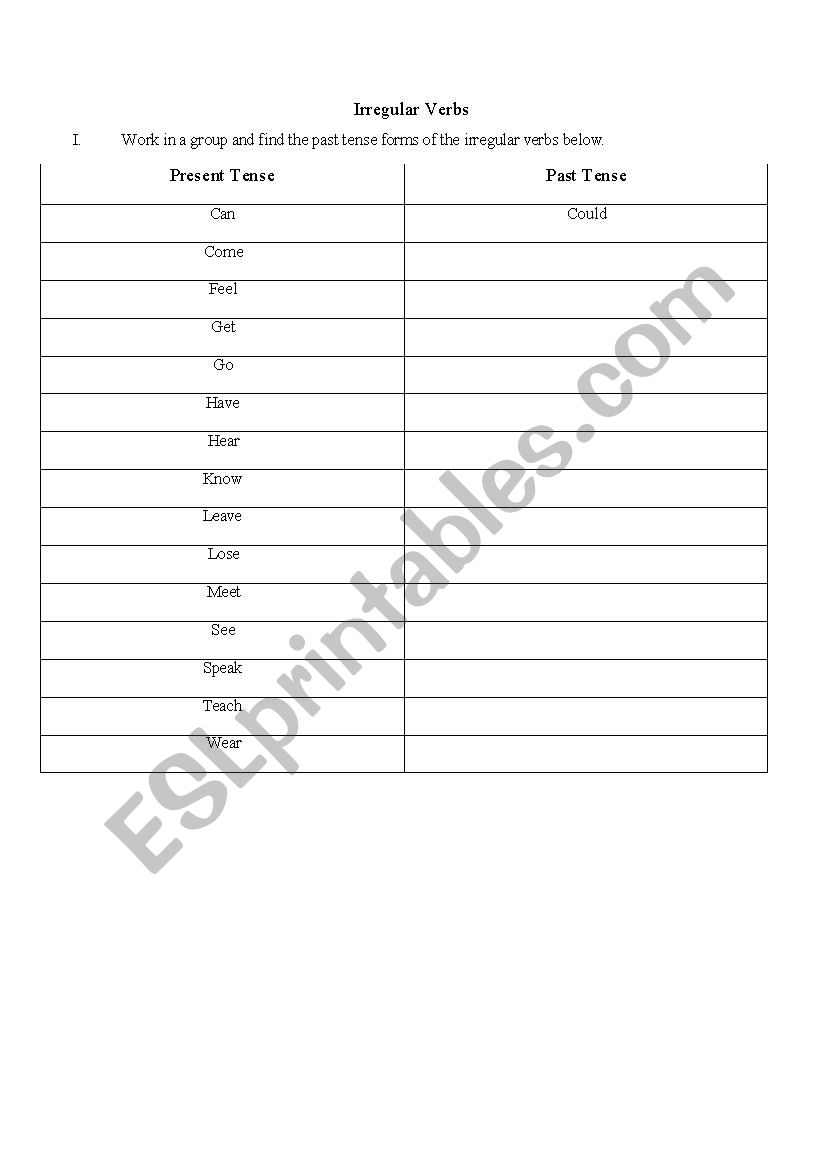 Irregular verbs worksheet