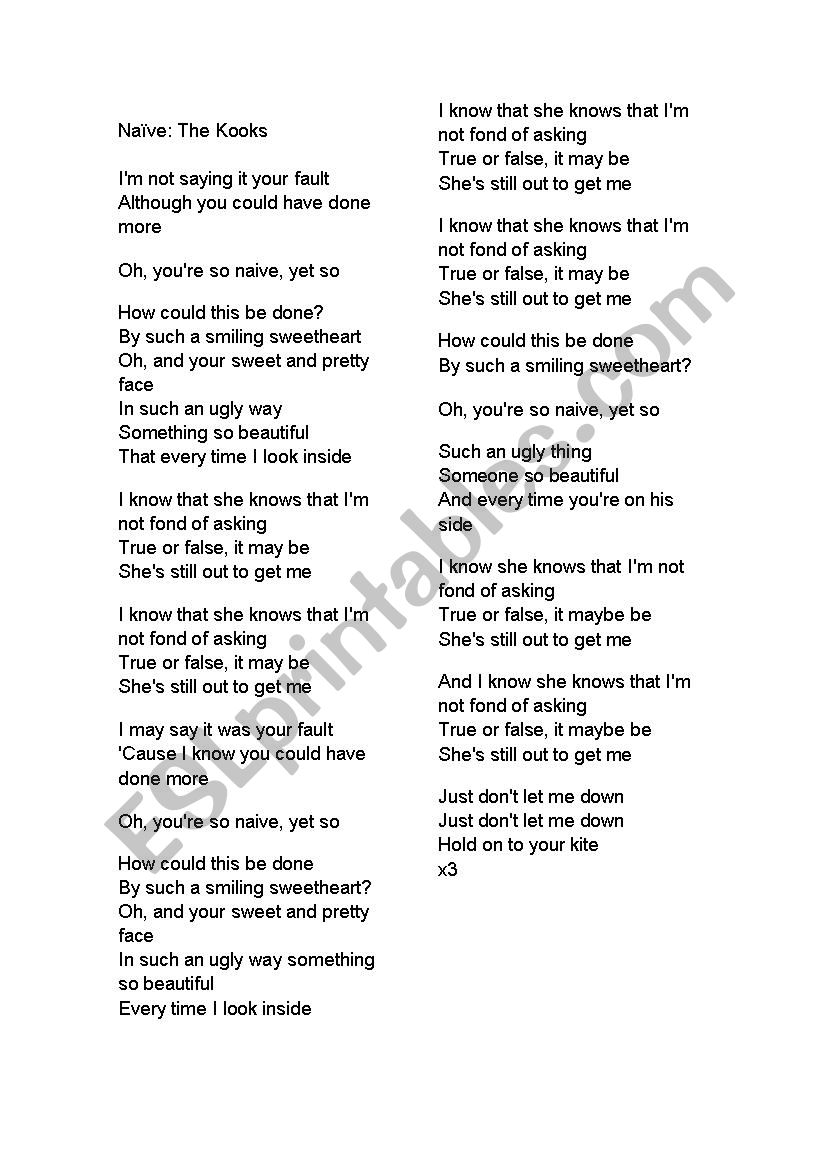 The Kooks Naive Esl Worksheet By Hbomb84 esl printables