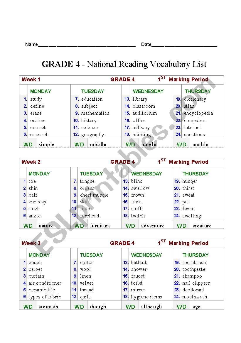 4th Grade National Vocabulary List