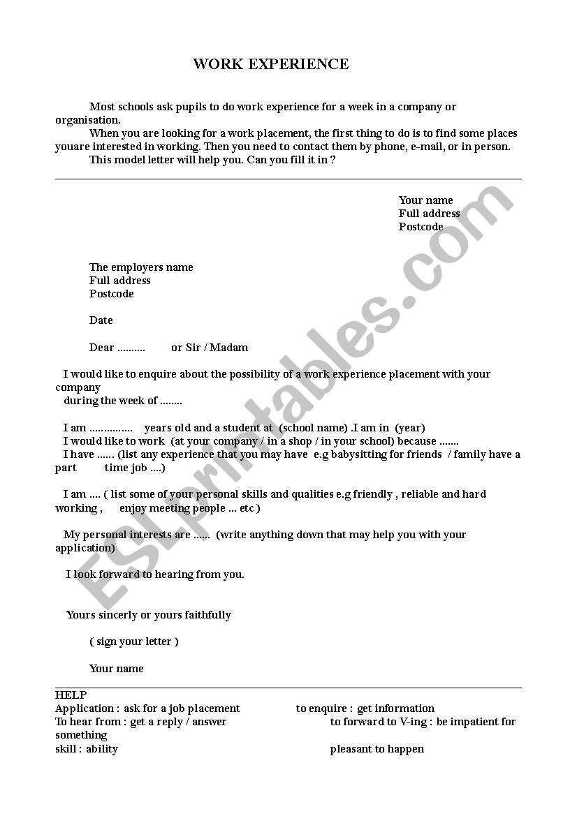 work experience worksheet