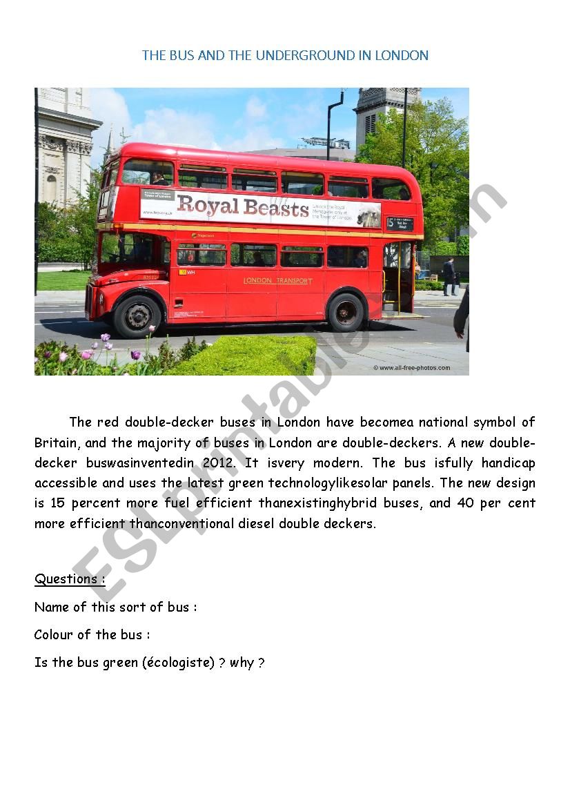 Bus and underground in London worksheet
