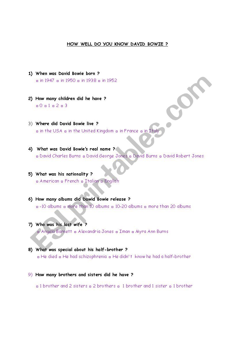 DAVID BOWIE worksheet