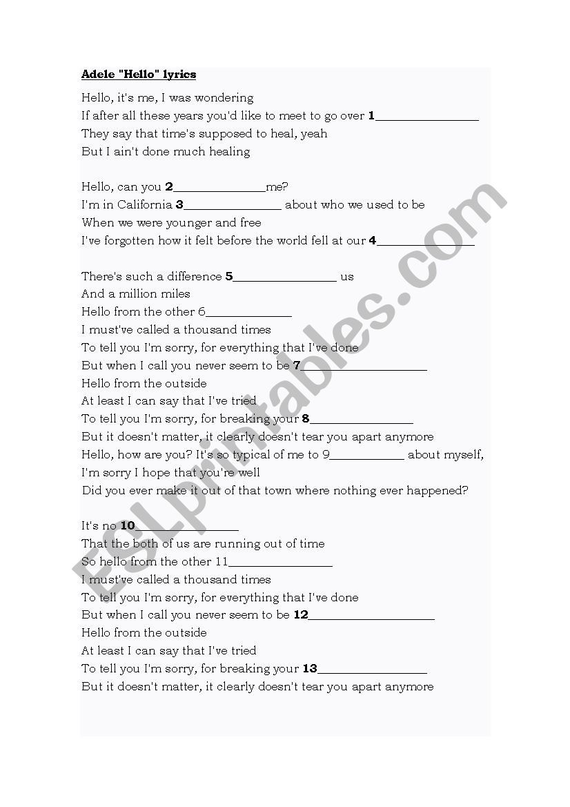 Songs in English; Hellow by Adele