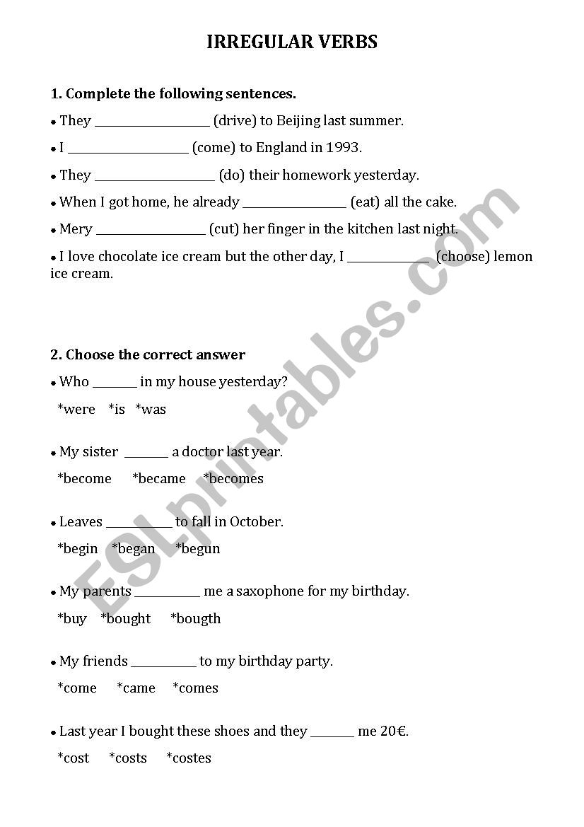 Irregular Verbs Exercises worksheet